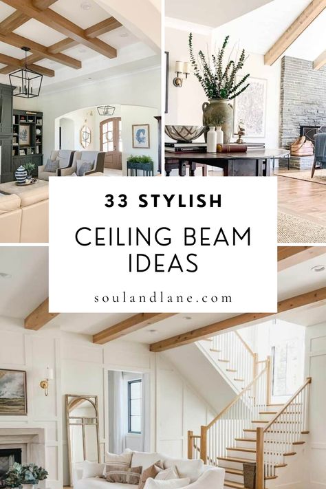 Embrace the industrial trend with metal beams that contrast beautifully against soft furnishings and decor, or create a Scandinavian minimalist vibe with whitewashed beams that brighten and open up the space. For homes with a traditional flair, dark stained wooden beams can add a stately feel to libraries, home offices, or master bedrooms. In open-plan spaces, use beams to subtly define different areas without sacrificing the flow of natural light. Black Beams Bedroom, Beams On High Flat Ceiling, Stained Wood Beams Living Room, Beams With Shiplap Ceiling, Ceiling Beams In Open Floor Plan, Beamed Ceiling Ideas, Cabin Beams Ceilings, Beams In Tray Ceiling Master Bedrooms, Beams In Master Bed