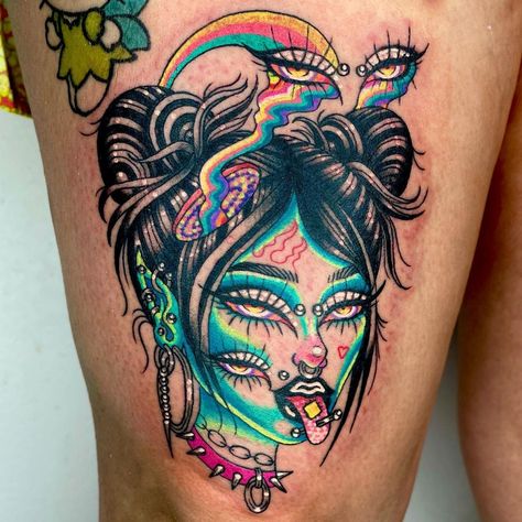 Women Tattoos Colorful, Big Colorful Tattoos, Trippie Tattoos, New Age Tattoo, Colourful Tattoo, Tattoo Artist Tips, Tattoo Colour, Colour Tattoos, Candy Tattoo