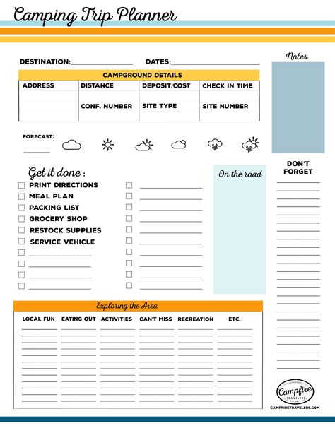 One place for keeping all your camping trip details in one place Camp List, Camping Lists, Camping Planner, Camping Printables, Camping Supply List, Camping Menu, Travel Planner Template, Camping Journal, Adventure Seeker