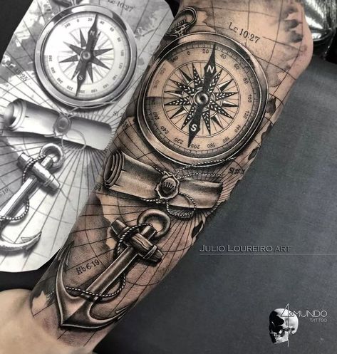 Compass Tattoo Arm, Tato Jam, Best Arm Tattoos, Tato Nama, Tattoo Arm Sleeve, Compass Tattoo Men, Nautical Tattoo Sleeve, Tato Tradisional, 42 Tattoo