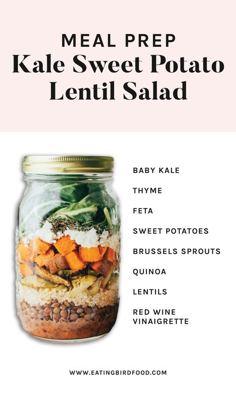 This kale sweet potato lentil salad is loaded with flavor and packed with 25 grams of plant-based protein. It can be meal prepped two ways: in a mason jar or a meal prep container. Vegetarian + gluten-free. Sweet Potato Mason Jar Salad, Quinoa Jar Salad Recipes, Fall Mason Jar Salads, Kale Mason Jar Salad, Vegan Mason Jar Meals, Mason Jar Lunch Ideas, Potato Lentil Salad, Jar Soups, Yummy Bowls