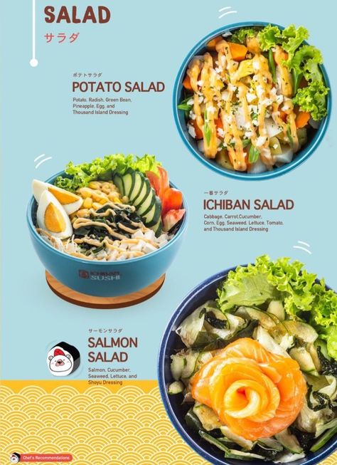 Korean Food Poster Design Layout, Japanese Food Instagram Feed, Salad Menu Design Ideas, Sims 4 Chef Outfit, Salad Menu Design, Menu Design Layout, Salad Menu, Menu Design Inspiration, Menu Layout