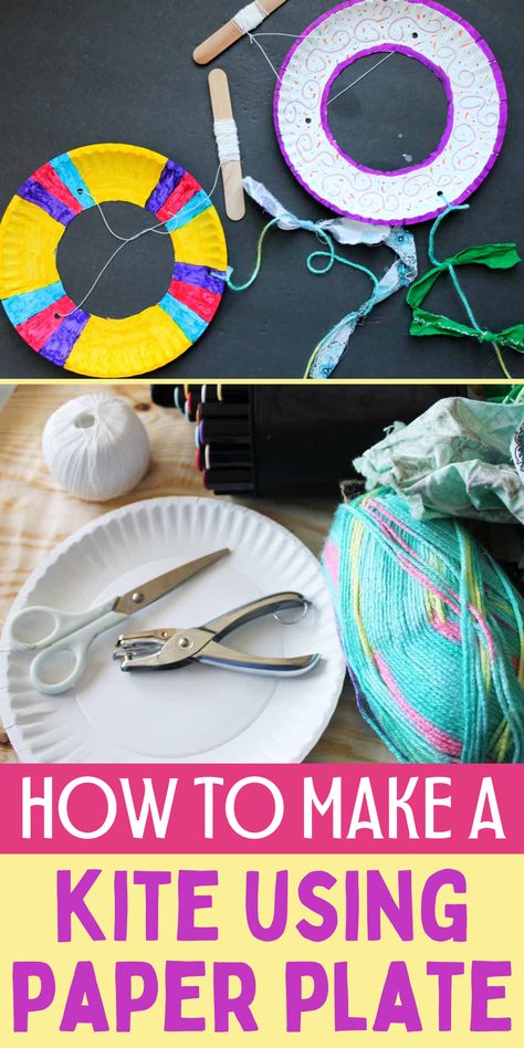 How to make a kite. Simple kite DIY. How to make this paper plate craft. Homemade Kites Diy, Easy Kites For Kids How To Make, Diy Kites Preschool, Paper Plate Kite Craft, Homemade Kites For Kids, Make A Kite That Flies, Make A Kite For Kids Simple, Paper Bag Kite Craft, How To Make A Kite That Flies