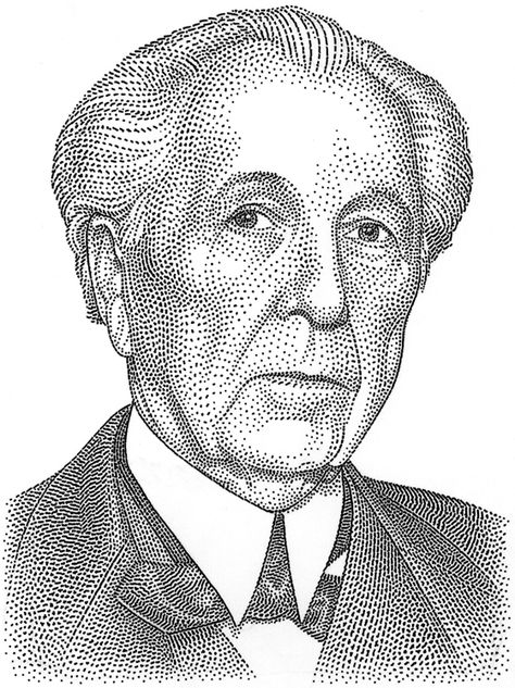 Frank Lloyd Wright by Kevin Sprouls Frank Lloyd Wright Illustration, Frank Gehry Portrait, Frank Lloyd Wright Sketches, Frank Lloyd Wright Portrait, Dot Portrait, Frank Lloyd Wright Drawings, Stipple Drawing, Stippling Drawing, Scratchboard Art