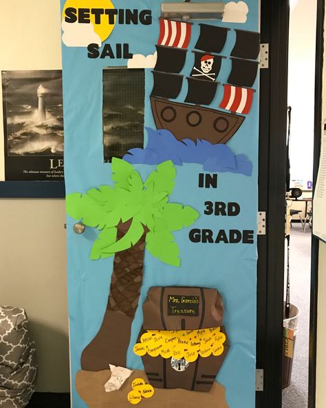 Pirate ship treasure chest classroom door Treasure Chest Door Decoration, Treasure Chest Classroom Door, Pirate Theme Classroom Door, Treasure Chest Bulletin Board, Treasure Chest Classroom, Camp Classroom, Pirate Decorations, Pirate Theme Classroom, Beach Classroom