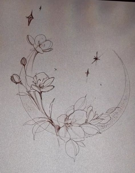 Moon And Poppy Tattoo, Moon Orchid Tattoo, Moon And Daffodil Tattoo, Fine Line Floral Moon Tattoo, Moon Star Flower Tattoo, Water Lily Moon Tattoo, Peony Vine Tattoo, Celestial Flower Tattoo, Orchid Moon Tattoo