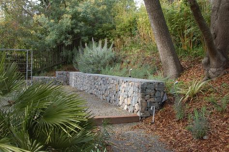 Gabion Walls - What They Are And How To Use Them In Your Landscape Gabion Stone, Gabion Retaining Wall, Retaining Wall Design, Building A Retaining Wall, Walls Ideas, Stone Fence, Gabion Baskets, Sloped Backyard, Gabion Wall