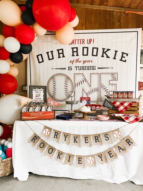 Rookie Of The Year First Birthday Outside, Rookie Of The Year First Birthday Dessert Table, Rookie Of The Year First Birthday Decorations, Roomie Of The Year First Birthday, Rookie Year Bday Party, Rookie Year 1st Birthday Party, Sandlot 1st Birthday Party, Baseball Theme First Birthday Party, Baseball One Year Old Party