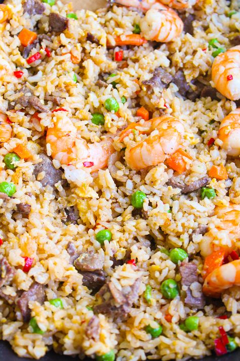 Shrimp and steak Fried Rice – Maral in the Kitchen Beef And Shrimp Fried Rice, Shrimp And Steak Fried Rice Recipe, Shrimp And Steak Fried Rice, Steak And Shrimp Fried Rice, Surf And Turf Fried Rice, Habachi Fried Rice, Cajun Shrimp Fried Rice Recipe, Steak Fried Rice, Stir Fried Rice Recipe