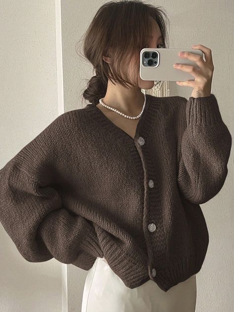 Women's Solid V-Neck Loose Knitted Cardigan Khaki Casual  Long Sleeve Knitwear Plain  Slight Stretch Spring/Fall Women Clothing, size features are:Bust: ,Length: ,Sleeve Length: Cable Knit Jacket, Korean Fall Fashion Women, Cute Clothes For Fall, Fall Cardigan Outfits, Cardigan With Dress, Brown Cardigan Outfit, Dark Brown Cardigan, Cottagecore Fashion Casual, Minimalist Wardrobe Essentials