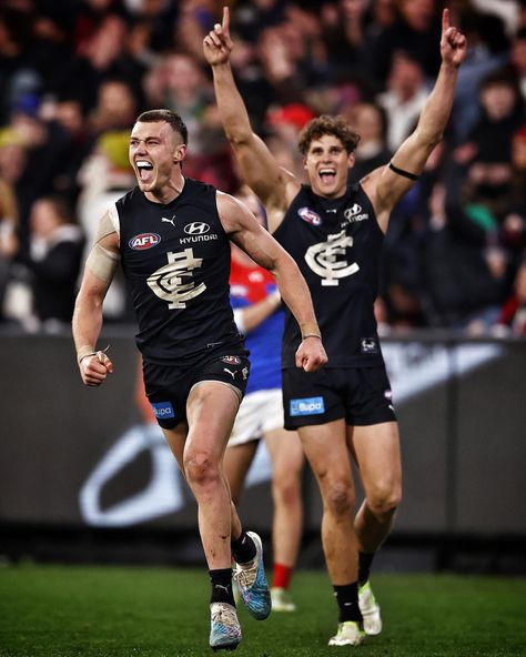 Final siren feelings. Crippa and Charlie enjoy it. #AFLBluesDees #carltonfc #melbournefc #heraldsunsport #heraldsunphoto #footy… | Instagram Patrick Cripps Wallpaper, Carlton Football Club Wallpaper, Charlie Curnow Wallpaper, Charlie Curnow Carlton, Patrick Cripps, Charlie Curnow, Afl Players, Carlton Afl, Carlton Football Club