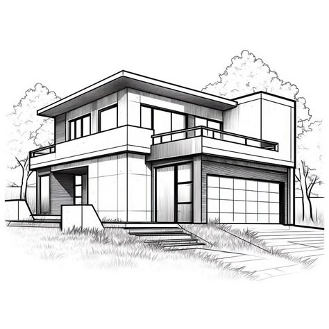 Perspective Buildings Drawing, Modern House Sketch Architecture, Perspective Building Drawing, Dream House Sketch, Room Perspective Drawing, Buildings Sketch Architecture, Dream House Drawing, House Design Drawing, Architecture Design Process