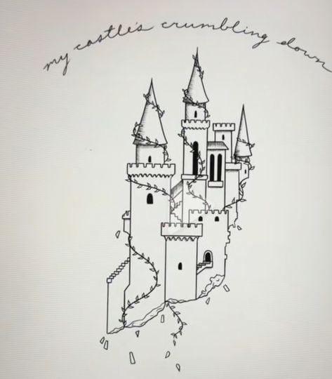 Brick Castle Tattoo, Whimsical Castle Drawing, Minimalist Castle Tattoo, Crumbling Castle Tattoo, Fantasy Castle Tattoo, Fairytale Castle Tattoo, Small Castle Tattoo, Castle Tower Drawing, Castle Tower Tattoo