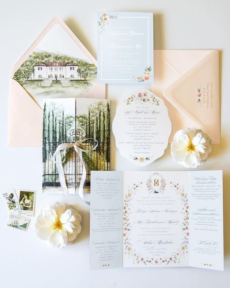 When the bride says she’s getting married at Villa Montalvo and her wedding is inspired by Pride and Prejudice, you say YES. We created a gatefold invitation design that showcases an impressionistic watercolor rendering of the Garden Italianate where the ceremony will be held. For the envelope liner, we featured @montalvospecialevents beautiful venue. The *chef’s kiss* is the custom die cut shape reminiscent of the Regency Era, used to invite recipients to a Night of Music to kick off the wed... Pride And Prejudice Invitations, Pride And Prejudice Wedding, Gatefold Wedding Invitations, Gatefold Invitation, Watercolor Rendering, Watercolour Wedding, Garden Wedding Invitations, Wedding Vision Board, Emily Rose