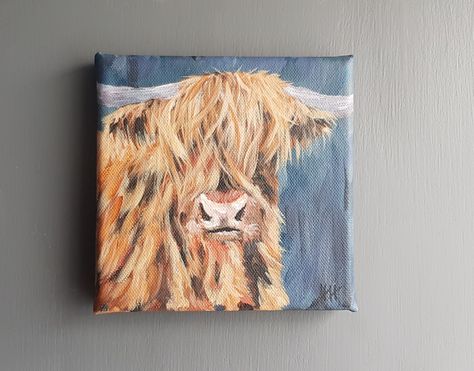 Highland Cow Painting Acrylic Easy, Highland Cow Painting With Sunflowers, Mini Highland Cow, Highland Cow Mixed Media, Cow Paintings On Canvas, Colourful Highland Cow Painting, Long Haired Cow Painting, Highland Cow Painting, Highland Cow Art