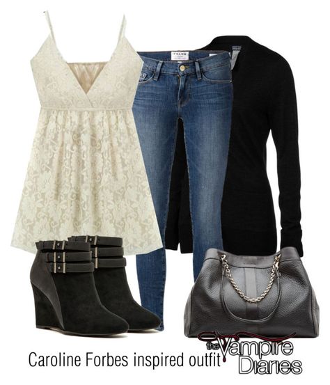 "Caroline Forbes inspired outfit/TVD" by tvdsarahmichele ❤ liked on Polyvore featuring Patagonia, Frame Denim, Qupid and See by ChloÃ© Vampire Diaries Outfits, Movie Inspired Outfits, Tv Show Outfits, Mom Fashion, Fandom Outfits, Katherine Pierce, Caroline Forbes, Inspired Outfits, Teenage Fashion Outfits