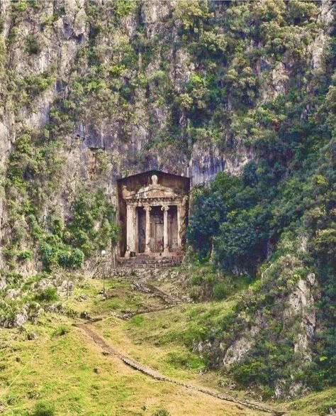 The tomb of Amyntas, son of Hermagios, in the ancient Greek city of Telmessos, 350a. Ancient Thebes, Worldbuilding Ideas, Greek Mountains, Ancient Greek City, Greek City, Ancient Greek Architecture, Song Of Achilles, Fantasy Places, Ancient Architecture