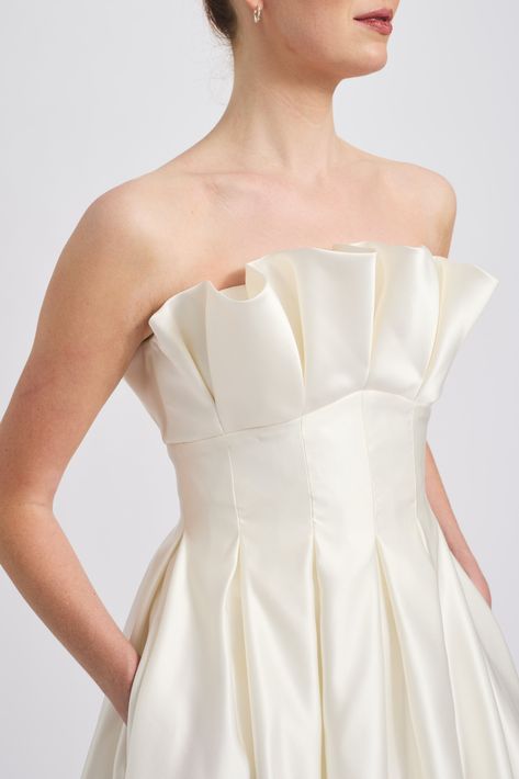 Duchess satin bias inverted ruffle neckline and release pleat dress. Shown in Ivory. Satin Pleated Dress, Amsale Bridal, Amsale Dress, Pleated Satin Dress, Pleats Dress, Pleated Gown, Pleat Dress, Duchess Satin, Little White Dress