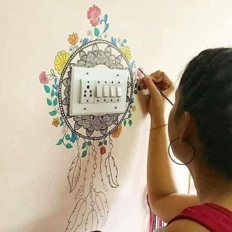 Small Wall Painting Ideas Creative, Hanging Corner Decor, Creative Switch Board Art Easy, Wall Painting Ideas Switch Board, Switch Board Painting Wall Art, Wall Painting Ideas Indian, Creative Switch Board Art, Switchboard Painting, Switch Board Painting