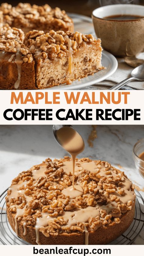 This maple walnut coffee cake is the perfect blend of warm, nutty flavors and a sweet maple glaze. 🥮 Soft, moist, and topped with crunchy walnuts, it’s an easy recipe for breakfast, brunch, or dessert! Pair it with your favorite coffee or tea for the comforting moment you deserve. 💕 Save this now for your next baking day! Maple Pecan Coffee Cake, Coffee Dessert Ideas, Expresso Cake, Maple Walnut Cake, Gluten Free Coffee Cake Recipe, Walnut Coffee Cake, Coffee Walnut Cake, Coffee Cake Cookies, Gluten Free Coffee Cake