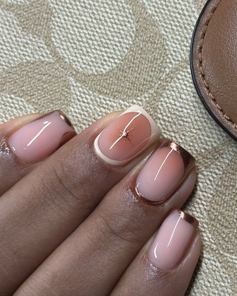 My ideal fall colours are browns, nudes, golds and rose golds. Happy Sunday 🤎 #dovenailsbysharon #structuredmanicure Cute Short Nail Color Ideas, Manicure Ideas Gel Polish, Nails Warm Tones, Short Round Nail Art Designs, No Fake Nail Ideas, Nail Gel Inspiration, Trendy Natural Nail Designs, Sorry Square Nails, Round Short Natural Nails