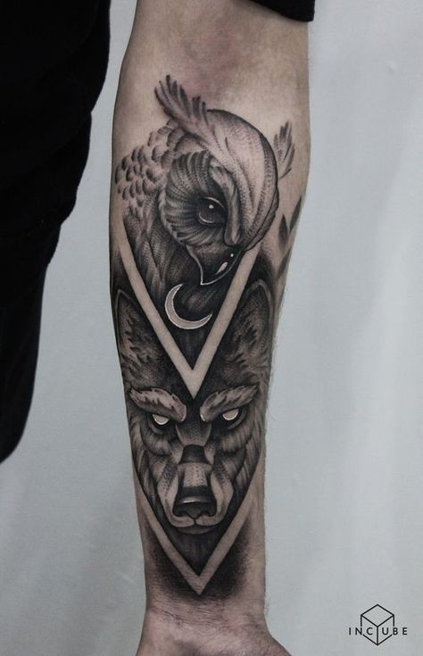 Animal Print Tattoo, Owl Tattoo Sleeve, Wolf Tattoo Sleeve, Bear Tattoos, Owl Tattoo Design, Cool Forearm Tattoos, Creepy Tattoos, Badass Tattoos, Wolf Tattoos