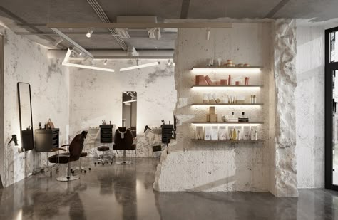 Barber Shop Shelves, Concrete Barbershop, Concrete Salon Design, Barber Shelves, Industrial Salon Design, Salon Interior Design Ideas, Barber Shop Interior, Beauty Salon Interior Design, Decoration Beton