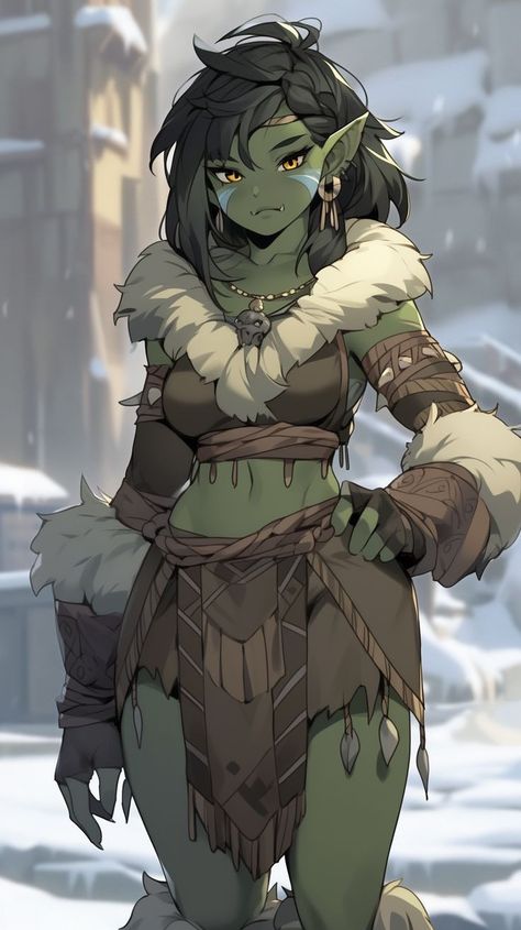 Goblin Girl Art, Half Orc Woman, Goblin Character Art, Goblin Woman, Female Goblin Art, Goblin Female, Goblin Oc, Female Goblin, Orc Female