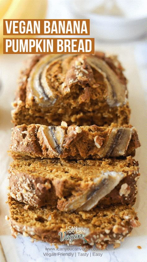 Easy Vegan Banana Pumpkin Bread [ VIDEO] | I Can You Can Vegan Pumpkin Banana Bread No Eggs, Vegan Banana Pumpkin Bread, Vegan Pumpkin Banana Bread, Pumpkin Banana Bread Recipe, Vegan Autumn, Banana Bread Vegan, Vegan Pumpkin Bread, Vegan Baked Goods, Apple Bread Recipe