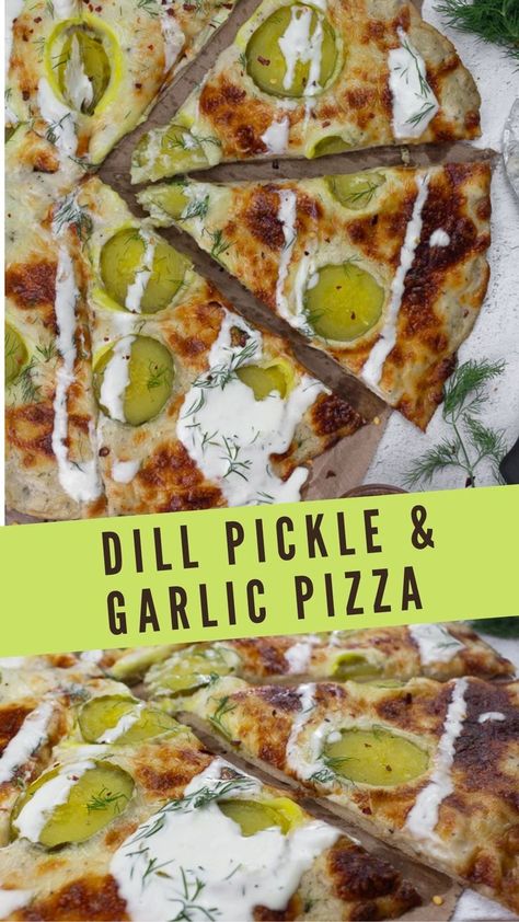 garlic sauce and dill pickle pizza recipe Pickle Pizza With Garlic Sauce, Pizza With Garlic Sauce, Dill Pickle Pizza, Garlic White Sauce, Pickle Board, Pickle Pizza, Pickle Party, Dill Pickle Slices, Garlic Pizza