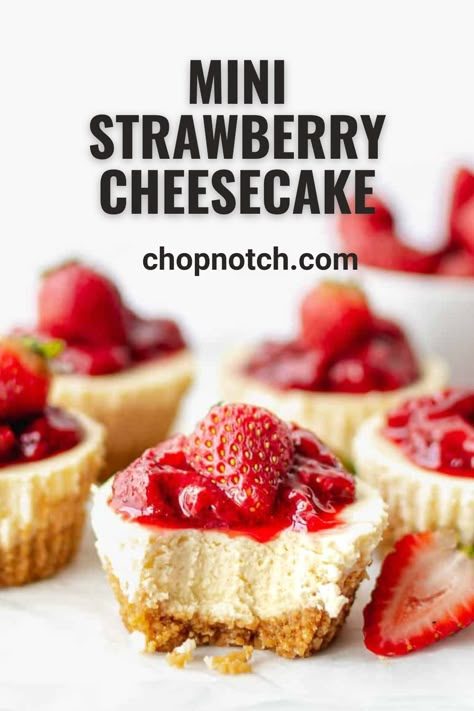 Mini strawberry cheesecake is easy to make and delicious! They have a creamy cheesecake filling, buttery graham cracker crust, and tangy strawberry sauce. #MiniCheesecake #MiniStrawberryCheesecake #MiniDesserts #EasyDesserts #QuickDesserts #FastDesserts #NoBakeDesserts Cheesecake Strawberry Sauce, Individual Strawberry Cheesecake Cups, Mini Strawberry Crunch Cheesecake, Mini Strawberry Crunch Cheesecake Bites, Mini Strawberry Cheesecake No Bake, Mini Strawberry Cakes, Mini Strawberry Cheesecake Bites, Mini Strawberry Cheesecake Cups, Mini Strawberry Cheesecake Recipes