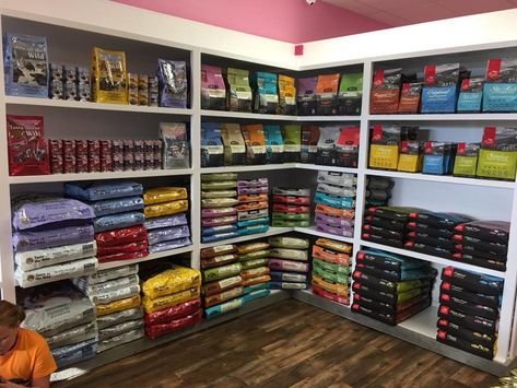 Food shelves are looking good and stocked with your pup's favorite foods!! #WGB #Legacy #TX Petshop Design Pet Store, Pet Store Shelving, Food Shelves, Pet Store Design, Pet Store Ideas, Food Shelf, Dog Grooming Shop, Pet Market, Healthy Dog Treats Homemade