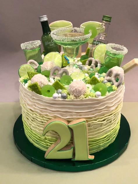 Margarita cake Alcohol cake 21st birthday cake Drip cake Drip cake Fun cake Lime green cake Ruffle cake 21st Birthday Cake Alcohol, Cake 21st Birthday, Tequila Cake, Alcohol Birthday Cake, Green Birthday Cakes, Cake Drip, Margarita Cake, Alcohol Cake, Margarita Party