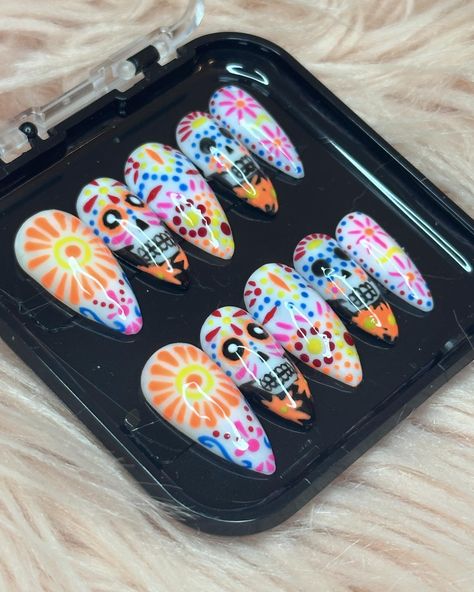 Bringing the vibrant energy of Día de los Muertos to your fingertips 💀✨ These neon sugar skull nails are all about celebrating life in full color! 🌸💅 . https://jefanails.etsy.com . . . #DiaDeLosMuertosNails #SugarSkullNails #NeonVibes #PressOnNails #BoldAndBright #nailsnailsnails #nails #nailart #nailsofInstagram #nail #naildesign #naildesign #nailstyle #nails💅 #customnails #pressonnails #prettynails #cutenails #etsy #etsyshop #etsynails #etsyseller #etsynailshop #latinapower #latinaownedbus... Sugar Skull Nail Art, Sugar Skull Nails, Colorful Skull Art, Skull Nail Art, Latina Power, Nails Colorful, Skull Nails, Colorful Skulls, Hartford Ct