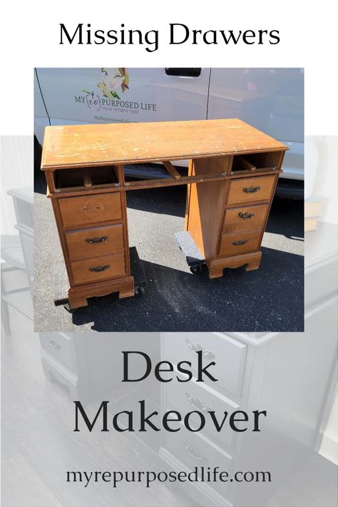 How to makeover a vintage desk with missing drawers. Tips for adding shelves, peek a boo drawers and more. A small desk is perfect for any room in the house. #MyRepurposedLife #desk #makeover #upcycle #missingdrawers #allinonepaint via @repurposedlife Old Desk Repurpose, Small Desk Makeover, Repurposed Desk Ideas, Vintage Desk Makeover, Small Vintage Desk, Refurbished Desk, Repurposed Desk, Drawer Ideas, Upcycled Decor