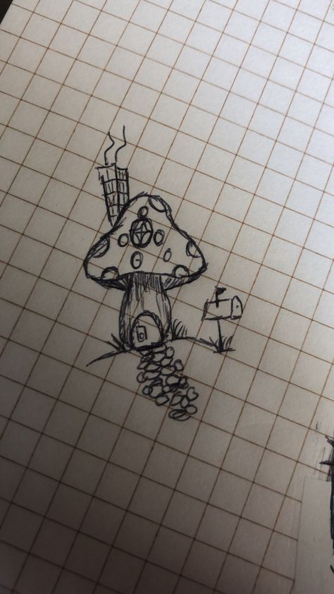 Fairycore Painting Ideas Easy, Cottagecore Aesthetic Sketch, Mini Fairy Drawing, Mushroom Cottage Tattoo, Fairy Theme Drawing, Cottage Core Sketch Ideas, Cottagecore Aesthetic Doodles, Aesthetic Drawing Mushroom, Fairy Doodle Aesthetic