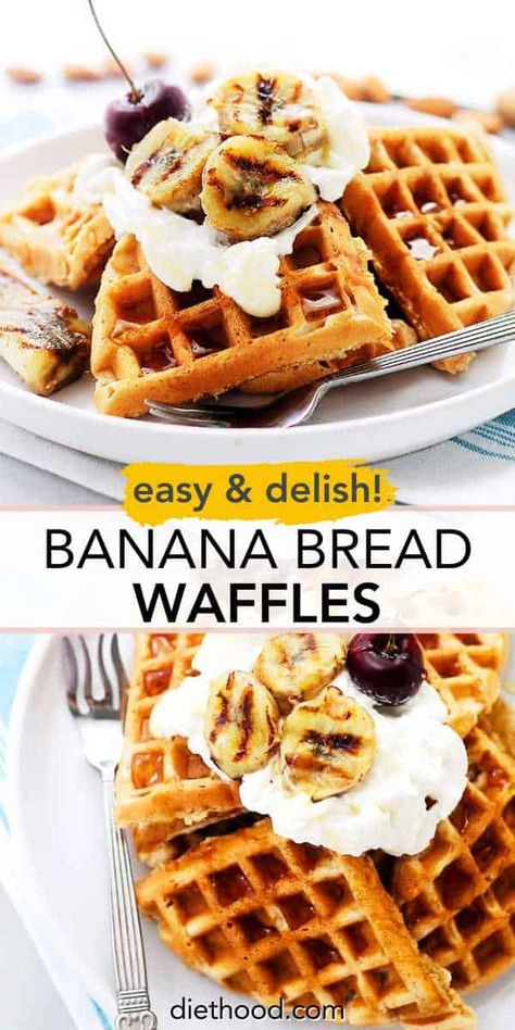 Banana Bread Waffles (Fluffy Homemade Waffles!) Banana Waffles Recipe, Banana Bread Waffles, Banana Waffle Recipe, Diethood Recipes, Oatmeal Waffles, Superfood Breakfast, Banana Waffles, Homemade Waffles, Banana Breakfast