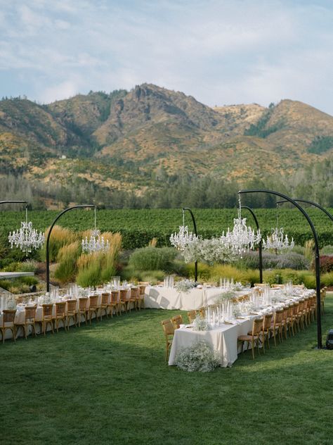 Al fresco wedding with a stunning view of the majestic Mayacamas Mountains featuring our shepherd hooks and chandeliers!⁠ Outdoor Chandelier Wedding, Wedding Argentina, Outdoor Vineyard Wedding, Chandelier Hook, Al Fresco Wedding, Chandelier Wedding, Wedding Chandelier, Outdoor Chandelier, Elegant Chandeliers