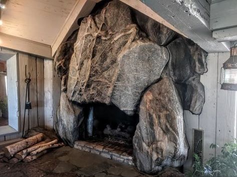 Boulder Fireplace, Boulder Restaurants, Polish Kitchen, Boulder House, Charlevoix Michigan, Large Chalkboard, Dining Room Fireplace, Gnome House, Mushroom House