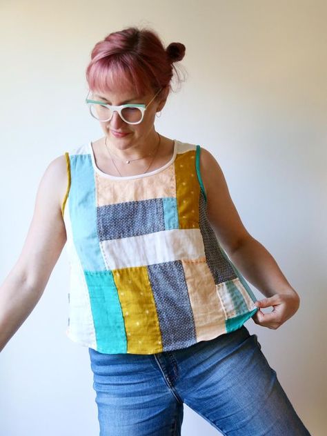 Patchwork Gemma from Scraps — Made by Rae Patchwork Clothes Scrap Fabric, Fabric From Scraps, Patchwork Shirt Diy, Sewing Retreats, Patchwork Clothes, Tank Top Pattern, Patchwork Coat, Fibre And Fabric, Patchwork Top