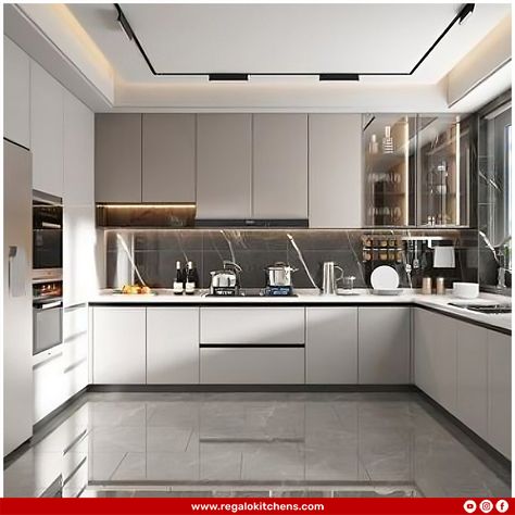 The U-shaped or horseshoe-shaped kitchen has emerged as the most-efficient best-suited for medium-sized and spacious kitchens. The best part about a U-shaped kitchen is that it uses three walls to maximize the available space.  . Contact us at +91-9971002673 for inquiries. Visit www.regalokitchens.com  #Regalokitchens #homeupgrade #interiordesign #renovation #interior #furnituredesign #homeinterior #ushapekitchen #cabinets #modularfurniture #kitchen #storage #hiddenstorage #modularkitchen #hack Luxury Kitchen Cabinets, Best Kitchen Design, Desain Pantry, Modern Kitchen Cabinet Design, Modular Kitchen Design, Modern Kitchen Interiors, Kitchen Interior Design Decor, Kitchen Interior Design Modern, Kitchen Design Plans