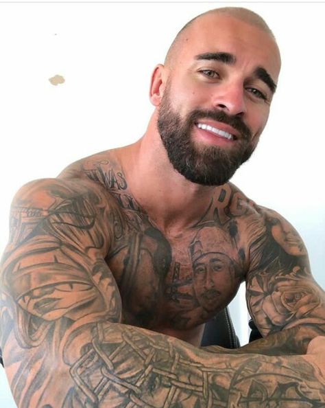 Max Crosby Tattoo, Bulking Season, Beard And Mustache Styles, Big Teddy Bear, Mustache Styles, Shaved Head, Beard No Mustache, Muscle Men, Bearded Men