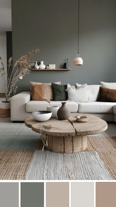 Living Room Inspiration Green And Grey, Condo Color Schemes Interior Design, Natural Colour Scheme Living Room, Neutral Tone Office Space, Wall Colour With Grey Sofa, Muted Interior Design, Neutral Colours Living Room, Gray And Earth Tone Living Room, Earthy Tone Interior Design