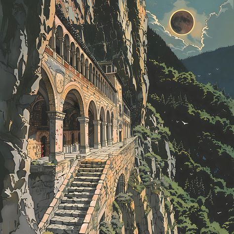 Inspired by the Sumela monastery in Trabzon... The magnificent Sumela Monastery hidden in the steep slope of the Black Sea Mountains, King Alexios III of the Trabzon Empire, 1300s... The mystical atmosphere and historical texture of the Sumela Monastery was revived with the power of digital art... #Midjourney #midjourneyai #midjourneyartwork #midjourneyaiart #DigitalArt #SumelaMonastery #monastery #HistoricSites #Nature #MountainMonastery #AncientArchitecture #AIArt #blacksea #blackseamountain #history #historical #historic #trabzon Sumela Monastery, Historic Posters, Byzantine Architecture, Byzantine Mosaic, Colors And Emotions, My Relationship, Religious Architecture, Scenic Art, Outside World