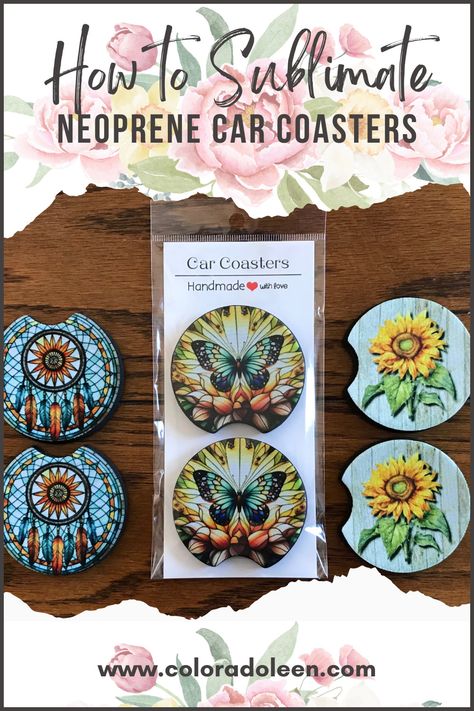 I've been having fun with sublimation and these Neoprene Car Coasters are no exception! Come on over to the blog and check out how I made them! How To Make Car Coasters Diy, Car Coaster Template Free, How To Make Car Coasters, Car Cup Coasters, Diy Car Coasters, Bazaar Crafts, Cup Coasters, Miss You Cards, Diy Coasters