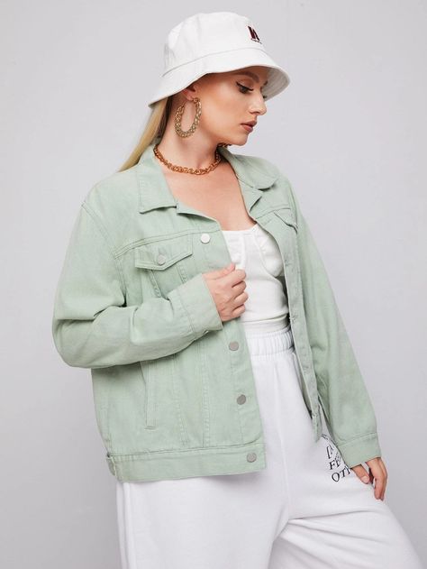 Plus Button Front Flap Pocket Denim Jacket | SHEIN USA Rave Wear Plus Size, Denim Jacket Outfit Winter, Plus Size Outfits Dresses, Green Jean Jacket, Winter Jacket Outfits, Green Denim Jacket, Burgundy Pants, Denim Jacket Outfit, Plus Size Blazer