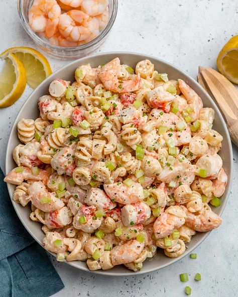 Dinner Recipes Shrimp Pasta, Healthy Dinner Recipes Shrimp, Pasta Salad Healthy, Seafood Pasta Salad, Seafood Pasta Salad Recipe, Crab Pasta Salad, Creamy Pasta Salad, Shrimp Pasta Salad, Seafood Salad Pasta