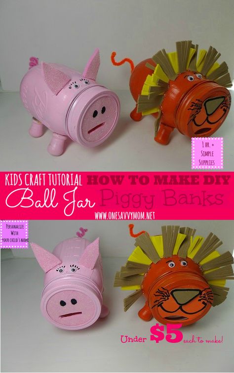 Kids Craft Tutorial: How To Make DIY~ Mason Jar Piggy Banks For Under $5 - Kids Crafts ~~wonder if baby food jars would work?? Diy Piggy Bank, Piggy Bank Ideas, Piggy Bank Diy, Baby Jars, Baby Food Jar Crafts, Pig Crafts, Food Jars, Baby Food Jars, Mason Jar Ideas