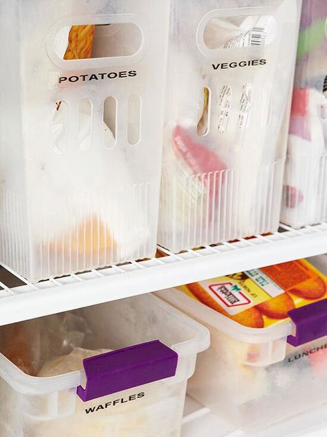 freezer storage I Heart Organizing, Freezer Organization, Organization Station, Freezer Storage, Plastic Baskets, Smart Ideas, Plastic Bins, Storage Hacks, Easy Organization