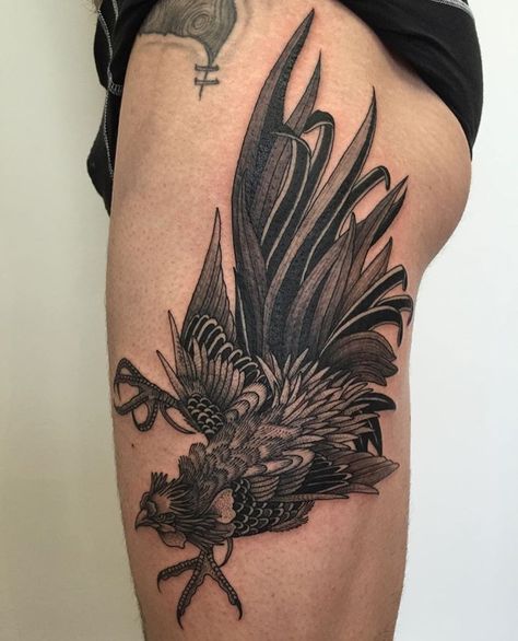 Richard Warnock rooster tattoo. Rooster Tattoo, French Tattoo, Thigh Piece, Arm Band Tattoo, Leg Tattoo, Band Tattoo, American Traditional, Body Tattoos, Leg Tattoos